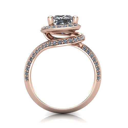Paislee princess halo engagement ring in 14K Rose Gold, through-finger front profile showing the haloed center above the pav&eacute; bypass band