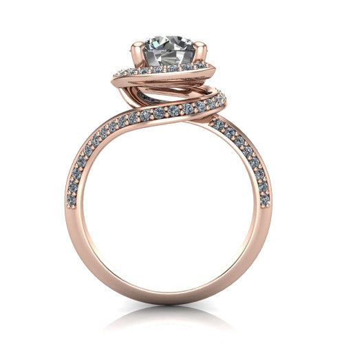 Paislee round halo engagement ring in 14K Rose Gold, through-finger front profile showing the haloed center above the pav&eacute; bypass band