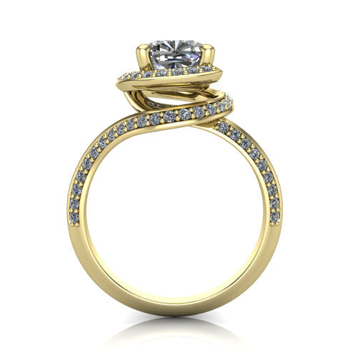 Paislee cushion halo engagement ring in 18K Yellow Gold, through-finger front profile showing the haloed center above the pav&eacute; bypass band