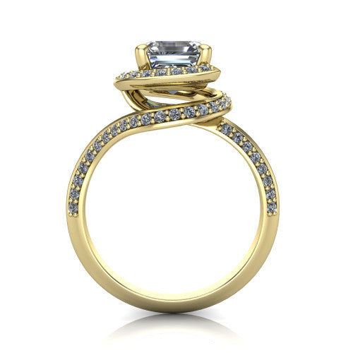 Paislee asscher halo engagement ring in 14K Yellow Gold, through-finger front profile showing the haloed center above the pav&eacute; bypass band