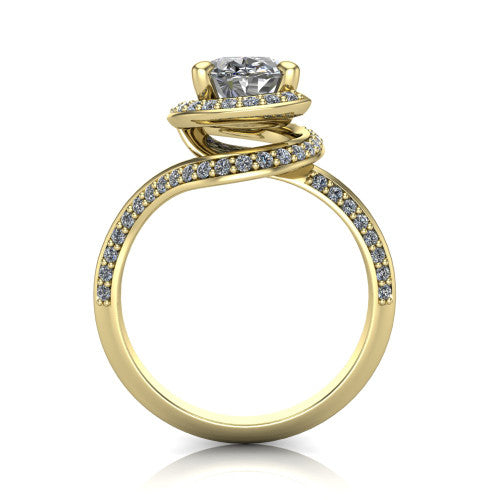 Paislee oval halo engagement ring in 14K Yellow Gold, through-finger front profile showing the haloed center above the pav&eacute; bypass band