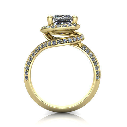 Paislee princess halo engagement ring in 18K Yellow Gold, through-finger front profile showing the haloed center above the pav&eacute; bypass band