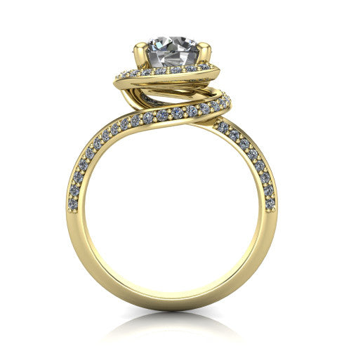 Paislee round halo engagement ring in 18K Yellow Gold, through-finger front profile showing the haloed center above the pav&eacute; bypass band