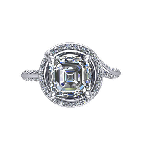 Paislee asscher halo engagement ring in 18K White Gold, top-down view showing the center diamond encircled by a twisting pav&eacute; halo