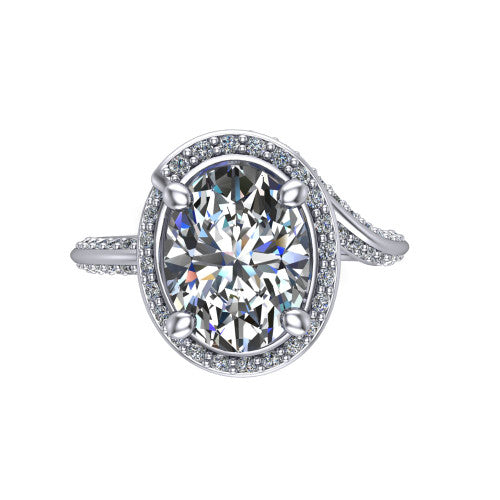 Paislee oval halo engagement ring in 18K White Gold, top-down view showing the center diamond encircled by a twisting pav&eacute; halo