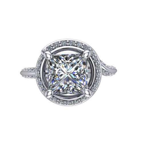 Paislee princess halo engagement ring in Platinum, top-down view showing the center diamond encircled by a twisting pav&eacute; halo
