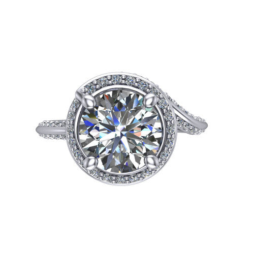 Paislee round halo engagement ring in 18K White Gold, top-down view showing the center diamond encircled by a twisting pav&eacute; halo