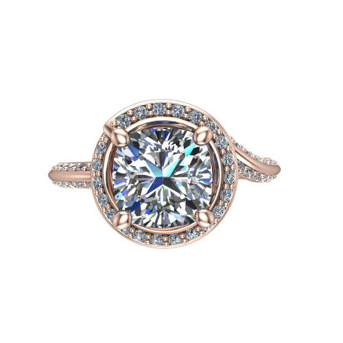 Paislee cushion halo engagement ring in 18K Rose Gold, top-down view showing the center diamond encircled by a twisting pav&eacute; halo