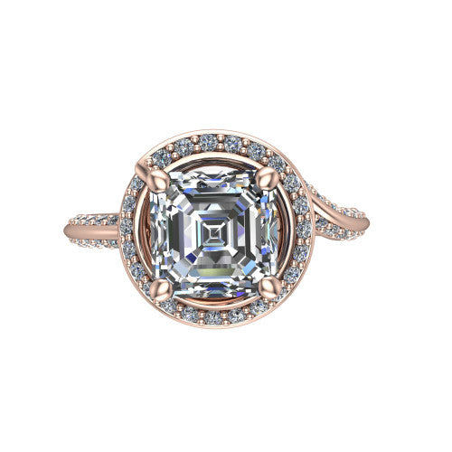 Paislee asscher halo engagement ring in 18K Rose Gold, top-down view showing the center diamond encircled by a twisting pav&eacute; halo