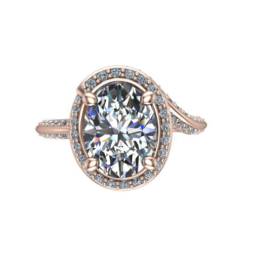 Paislee oval halo engagement ring in 14K Rose Gold, top-down view showing the center diamond encircled by a twisting pav&eacute; halo
