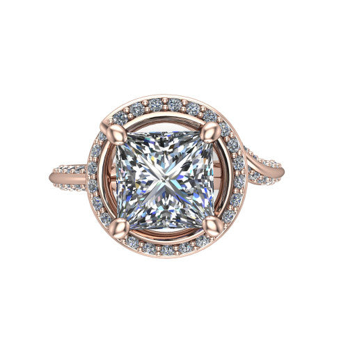 Paislee princess halo engagement ring in 14K Rose Gold, top-down view showing the center diamond encircled by a twisting pav&eacute; halo