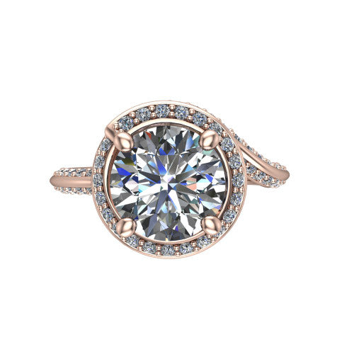 Paislee round halo engagement ring in 18K Rose Gold, top-down view showing the center diamond encircled by a twisting pav&eacute; halo