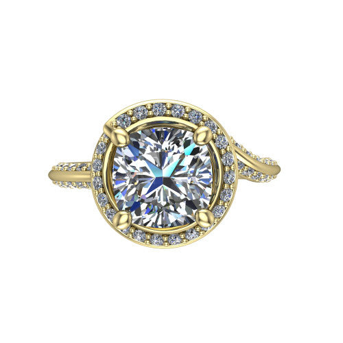 Paislee cushion halo engagement ring in 14K Yellow Gold, top-down view showing the center diamond encircled by a twisting pav&eacute; halo