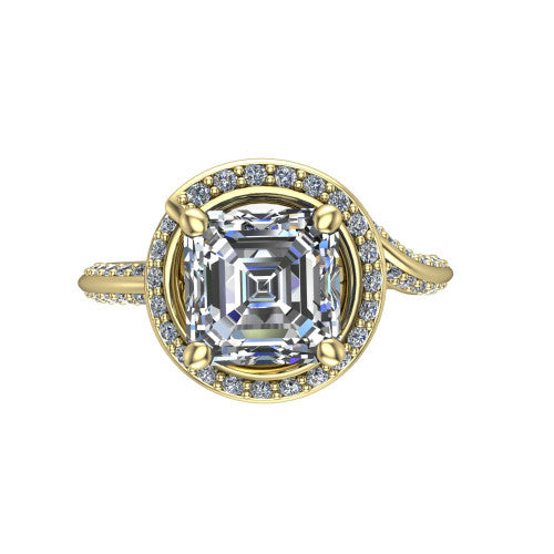 Paislee asscher halo engagement ring in 18K Yellow Gold, top-down view showing the center diamond encircled by a twisting pav&eacute; halo