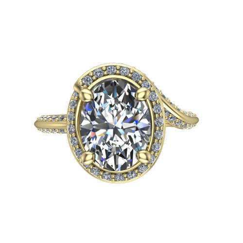 Paislee oval halo engagement ring in 14K Yellow Gold, top-down view showing the center diamond encircled by a twisting pav&eacute; halo