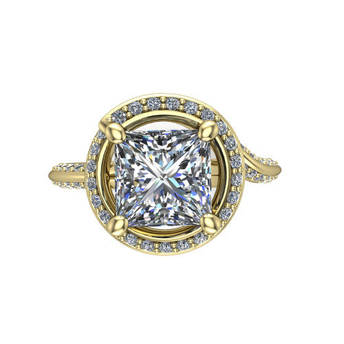 Paislee princess halo engagement ring in 18K Yellow Gold, top-down view showing the center diamond encircled by a twisting pav&eacute; halo