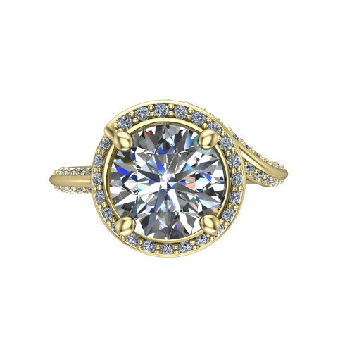 Paislee round halo engagement ring in 18K Yellow Gold, top-down view showing the center diamond encircled by a twisting pav&eacute; halo
