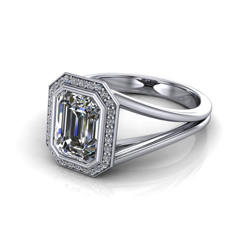 Tatum emerald halo engagement ring in 14K White Gold, three-quarter perspective showing the haloed center raised above an open polished split shank