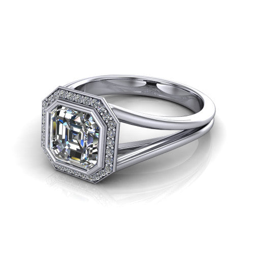 Tatum asscher halo engagement ring in 18K White Gold, three-quarter perspective showing the haloed center raised above an open polished split shank