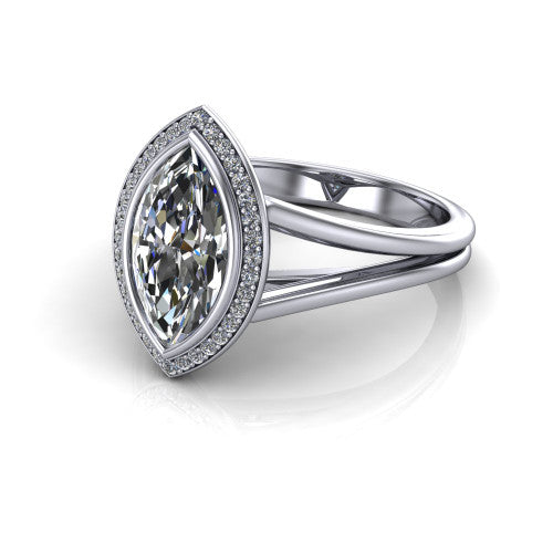 Tatum marquise halo engagement ring in 18K White Gold, three-quarter perspective showing the haloed center raised above an open polished split shank