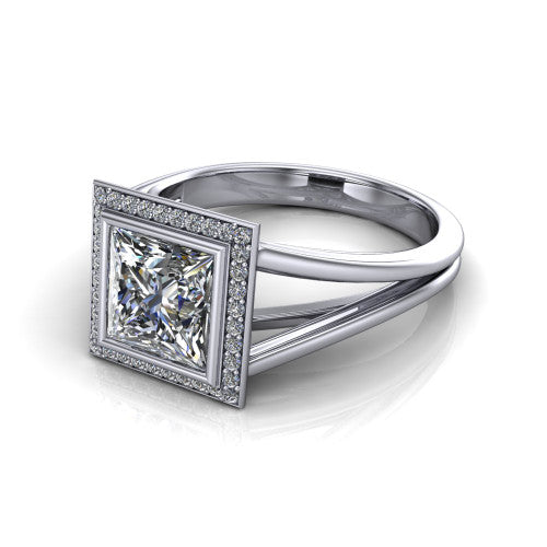 Tatum princess halo engagement ring in Platinum, three-quarter perspective showing the haloed center raised above an open polished split shank