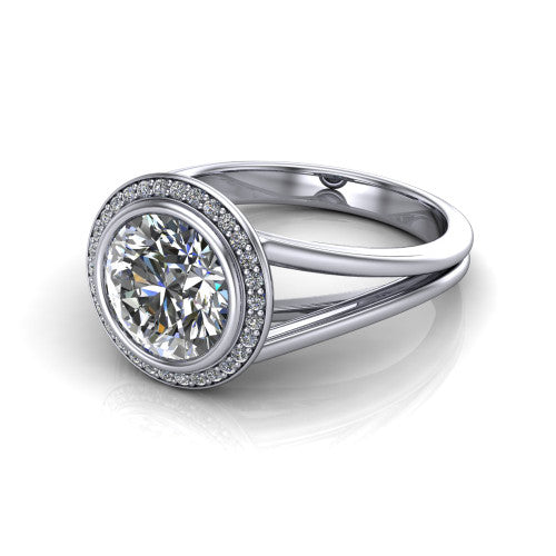 Tatum round halo engagement ring in 14K White Gold, three-quarter perspective showing the haloed center raised above an open polished split shank