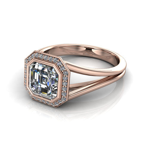 Tatum asscher halo engagement ring in 14K Rose Gold, three-quarter perspective showing the haloed center raised above an open polished split shank