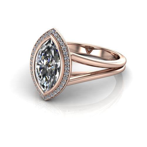 Tatum marquise halo engagement ring in 18K Rose Gold, three-quarter perspective showing the haloed center raised above an open polished split shank