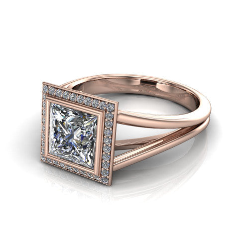 Tatum princess halo engagement ring in 14K Rose Gold, three-quarter perspective showing the haloed center raised above an open polished split shank