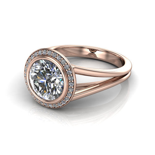 Tatum round halo engagement ring in 14K Rose Gold, three-quarter perspective showing the haloed center raised above an open polished split shank
