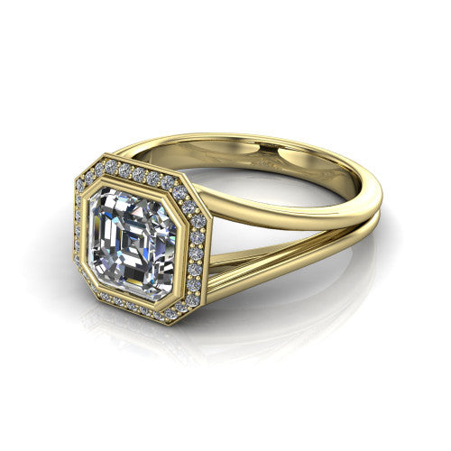 Tatum asscher halo engagement ring in 14K Yellow Gold, three-quarter perspective showing the haloed center raised above an open polished split shank