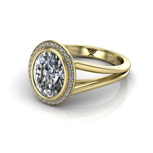 Tatum oval halo engagement ring in 14K Yellow Gold, three-quarter perspective showing the haloed center raised above an open polished split shank