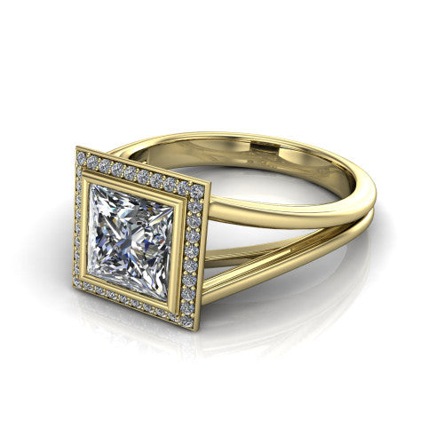 Tatum princess halo engagement ring in 14K Yellow Gold, three-quarter perspective showing the haloed center raised above an open polished split shank