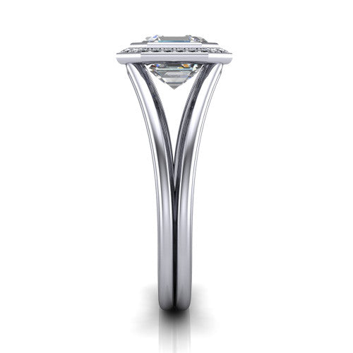 Tatum asscher halo engagement ring in Platinum, side profile showing the polished split shank dividing into two slim rails beneath the halo