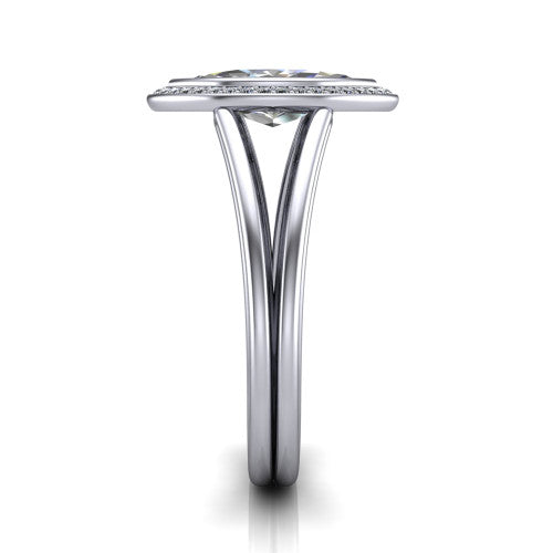 Tatum marquise halo engagement ring in Platinum, side profile showing the polished split shank dividing into two slim rails beneath the halo
