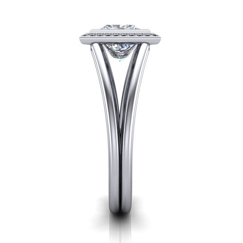 Tatum princess halo engagement ring in Platinum, side profile showing the polished split shank dividing into two slim rails beneath the halo
