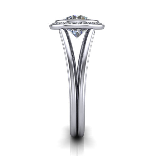 Tatum round halo engagement ring in 14K White Gold, side profile showing the polished split shank dividing into two slim rails beneath the halo