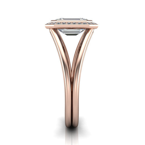 Tatum emerald halo engagement ring in 18K Rose Gold, side profile showing the polished split shank dividing into two slim rails beneath the halo