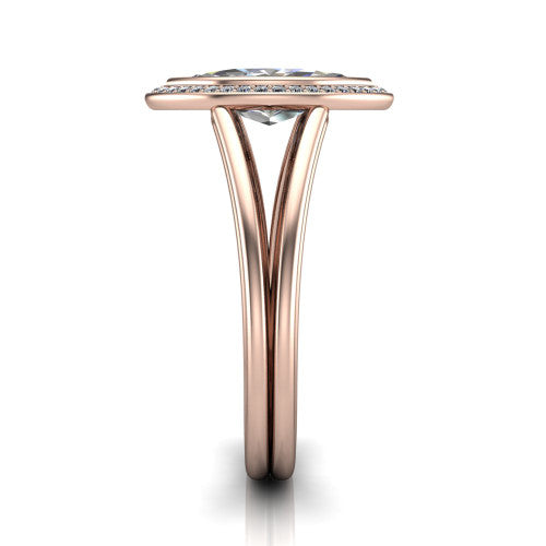 Tatum marquise halo engagement ring in 18K Rose Gold, side profile showing the polished split shank dividing into two slim rails beneath the halo