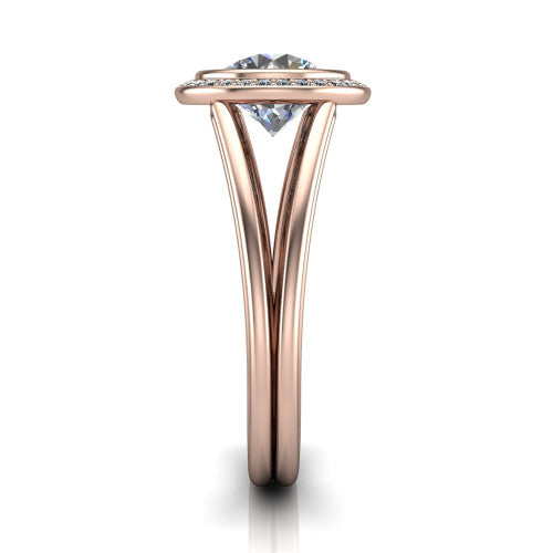 Tatum round halo engagement ring in 14K Rose Gold, side profile showing the polished split shank dividing into two slim rails beneath the halo