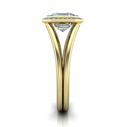 Tatum asscher halo engagement ring in 18K Yellow Gold, side profile showing the polished split shank dividing into two slim rails beneath the halo