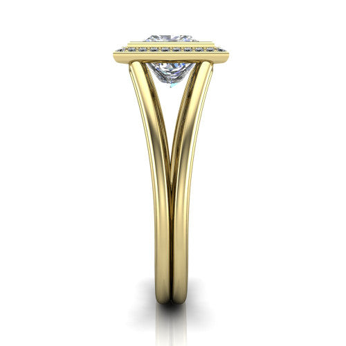 Tatum princess halo engagement ring in 18K Yellow Gold, side profile showing the polished split shank dividing into two slim rails beneath the halo