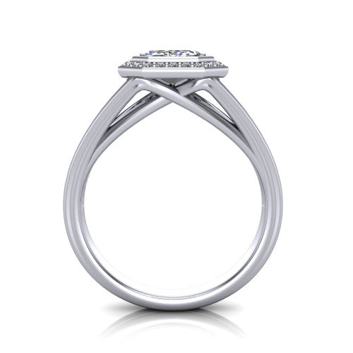 Tatum emerald halo engagement ring in 18K White Gold, through-finger front profile showing the halo head raised above the open split band