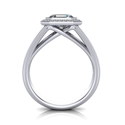 Tatum asscher halo engagement ring in 14K White Gold, through-finger front profile showing the halo head raised above the open split band