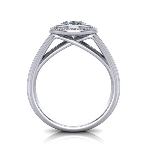 Tatum oval halo engagement ring in Platinum, through-finger front profile showing the halo head raised above the open split band