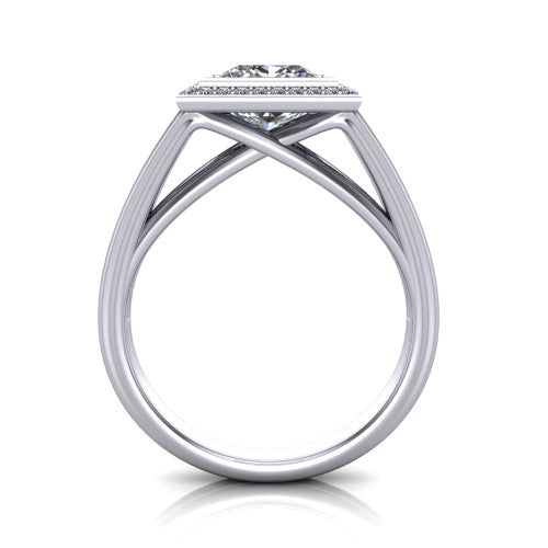 Tatum princess halo engagement ring in 18K White Gold, through-finger front profile showing the halo head raised above the open split band