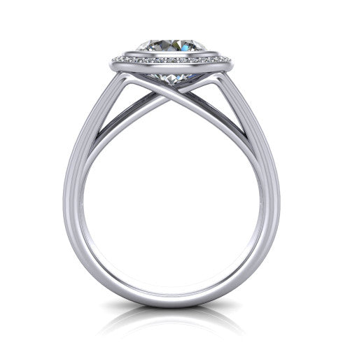 Tatum round halo engagement ring in Platinum, through-finger front profile showing the halo head raised above the open split band