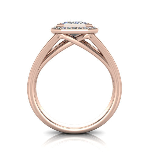 Tatum emerald halo engagement ring in 14K Rose Gold, through-finger front profile showing the halo head raised above the open split band