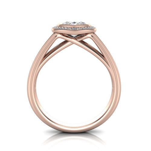 Tatum marquise halo engagement ring in 18K Rose Gold, through-finger front profile showing the halo head raised above the open split band