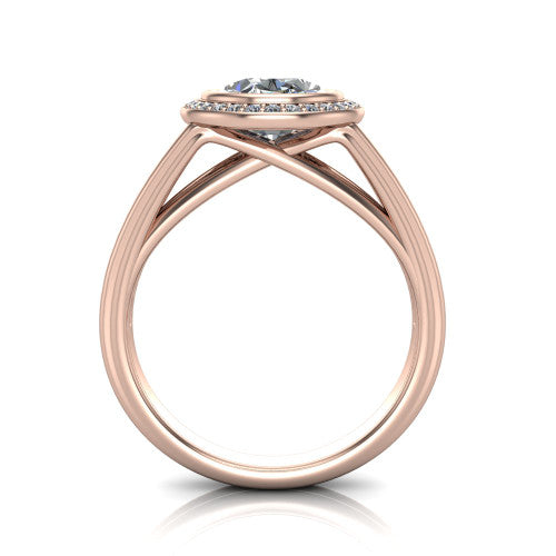 Tatum oval halo engagement ring in 14K Rose Gold, through-finger front profile showing the halo head raised above the open split band